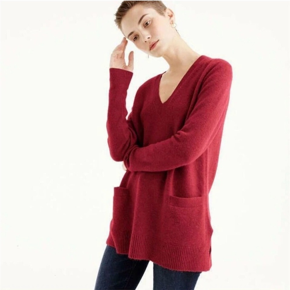 J. Crew Women's Burgundy V-Neck Front-Pocket Tunic Sweater Alpaca Blend Sz Small